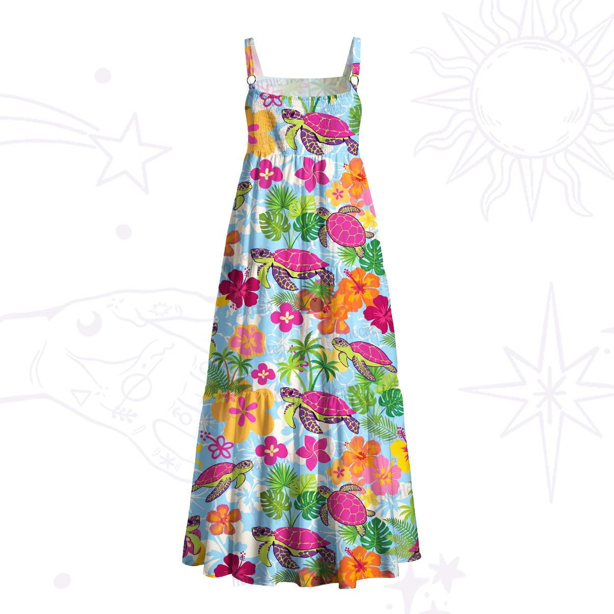 ]Purplehecate Hibiscus Sea Turtle Tropical Paradise Wide Straps Maxi Dress