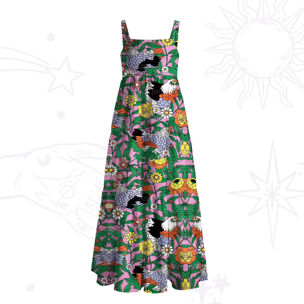 Purplehecate Daisy Hen Garden Wide Straps Maxi Dress