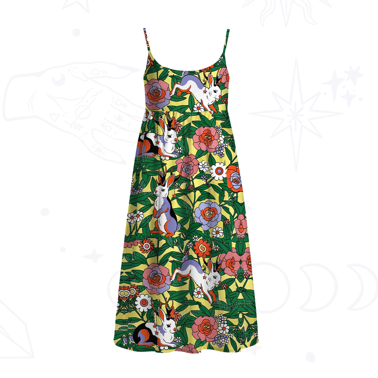 Purplehecate Mystic Blossom Bunny Garden Spaghetti Strap Midi Dress