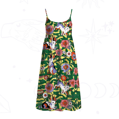 Purplehecate Mystic Blossom Bunny Garden Spaghetti Strap Midi Dress