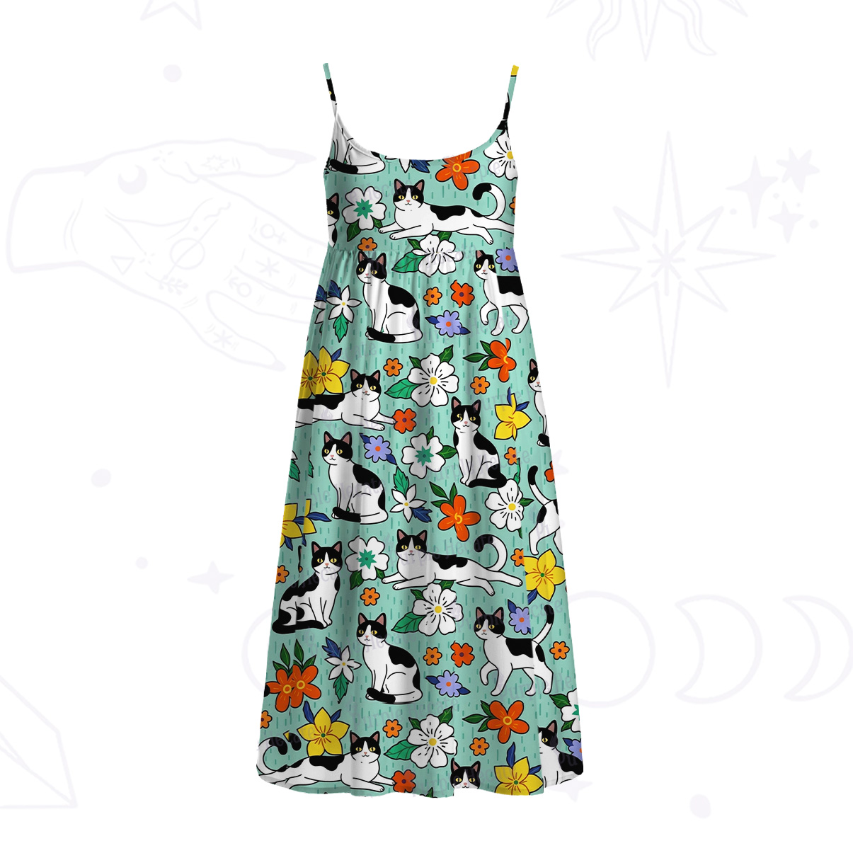 Purplehecate Enchanted Spring Whispering Cat Spaghetti Strap Midi Dress