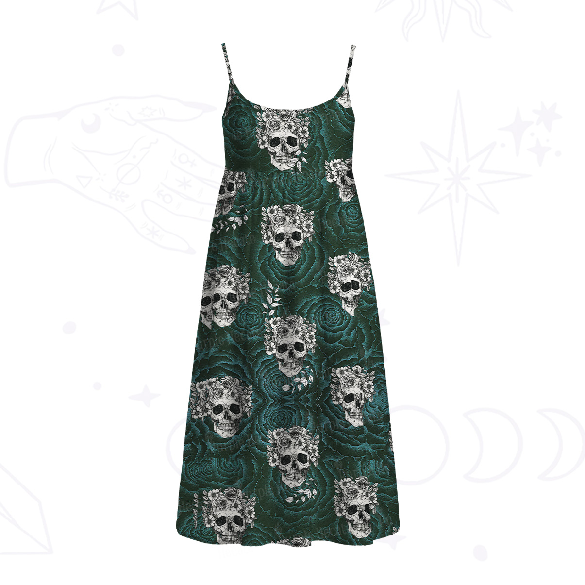 Purplehecate Rose Skull Spaghetti Strap Midi Dress