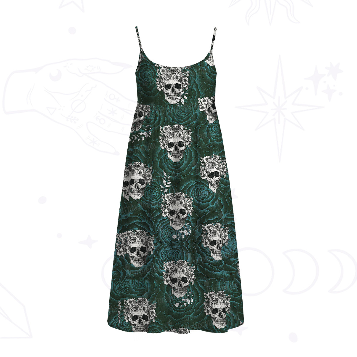 Purplehecate Rose Skull Spaghetti Strap Midi Dress