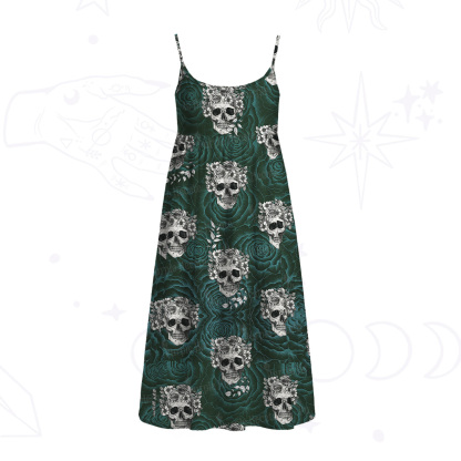 Purplehecate Rose Skull Spaghetti Strap Midi Dress