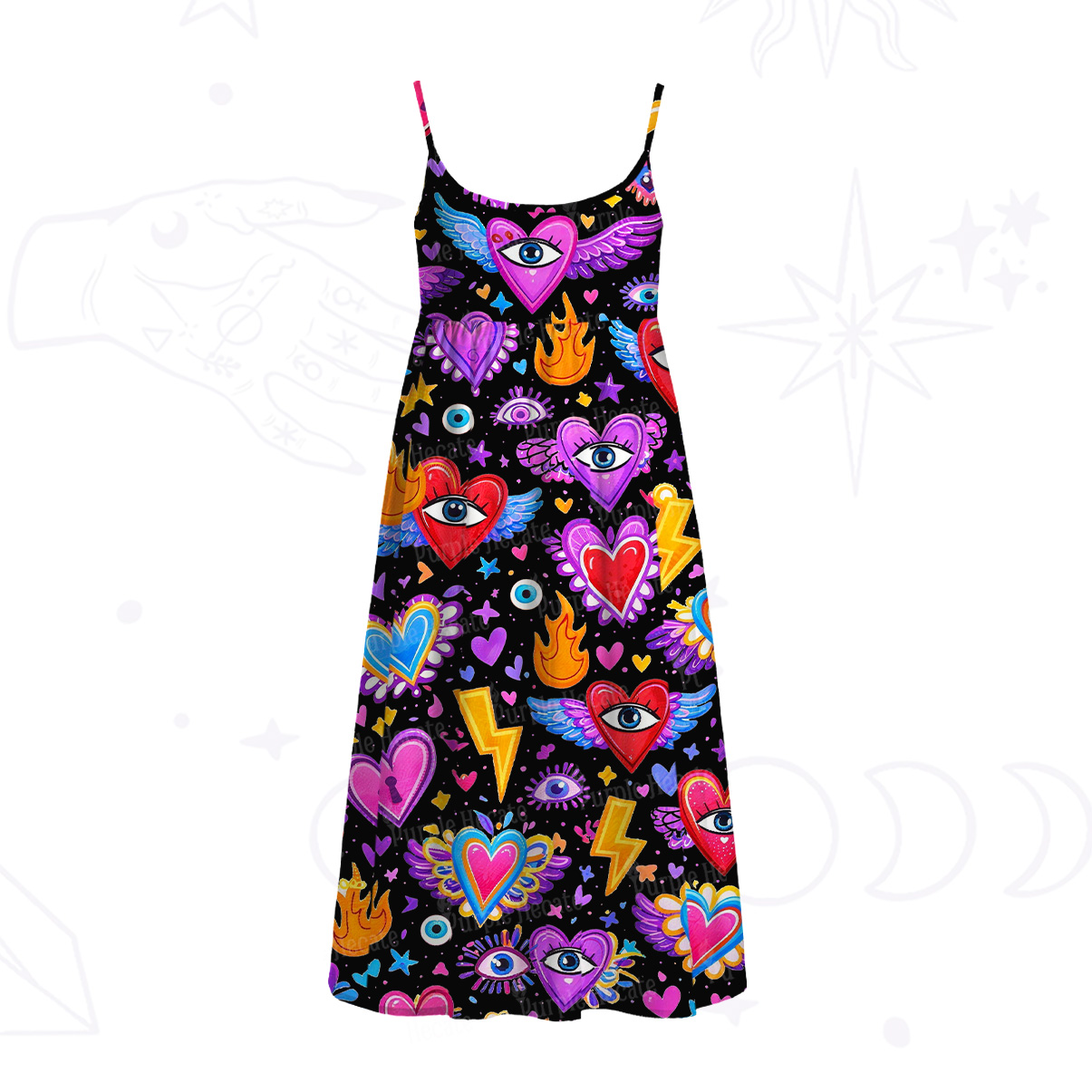 Purplehecate Mystic Heart Eye Wings Spaghetti Strap Midi Dress