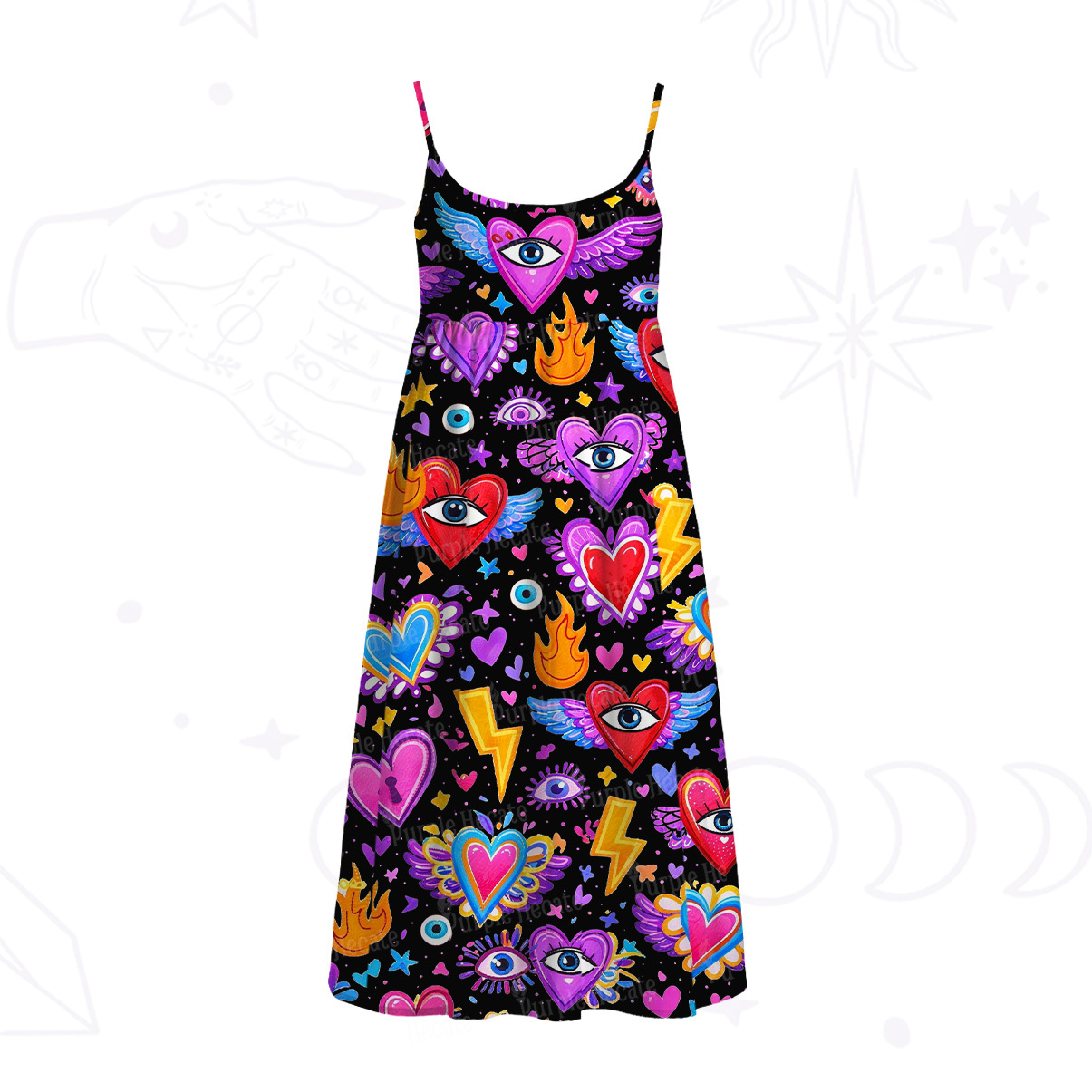 Purplehecate Mystic Heart Eye Wings Spaghetti Strap Midi Dress