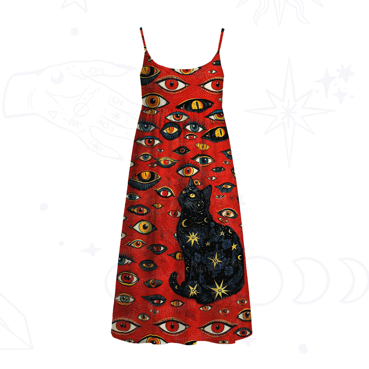 Purplehecate Cosmic Watcher Cat Spaghetti Strap Midi Dress