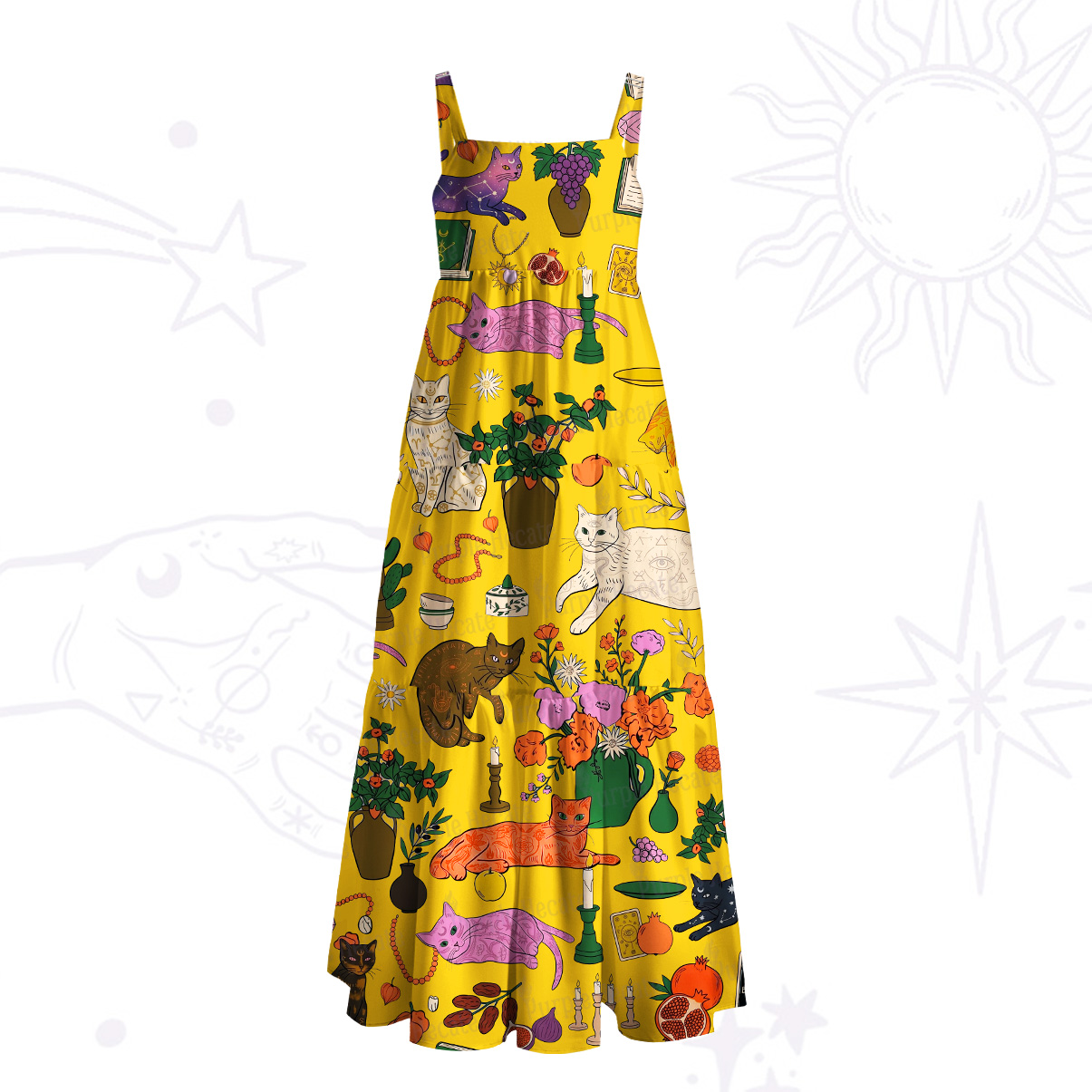 Purplehecate Lazy Cats in the Flower House Wide Straps Maxi Dress