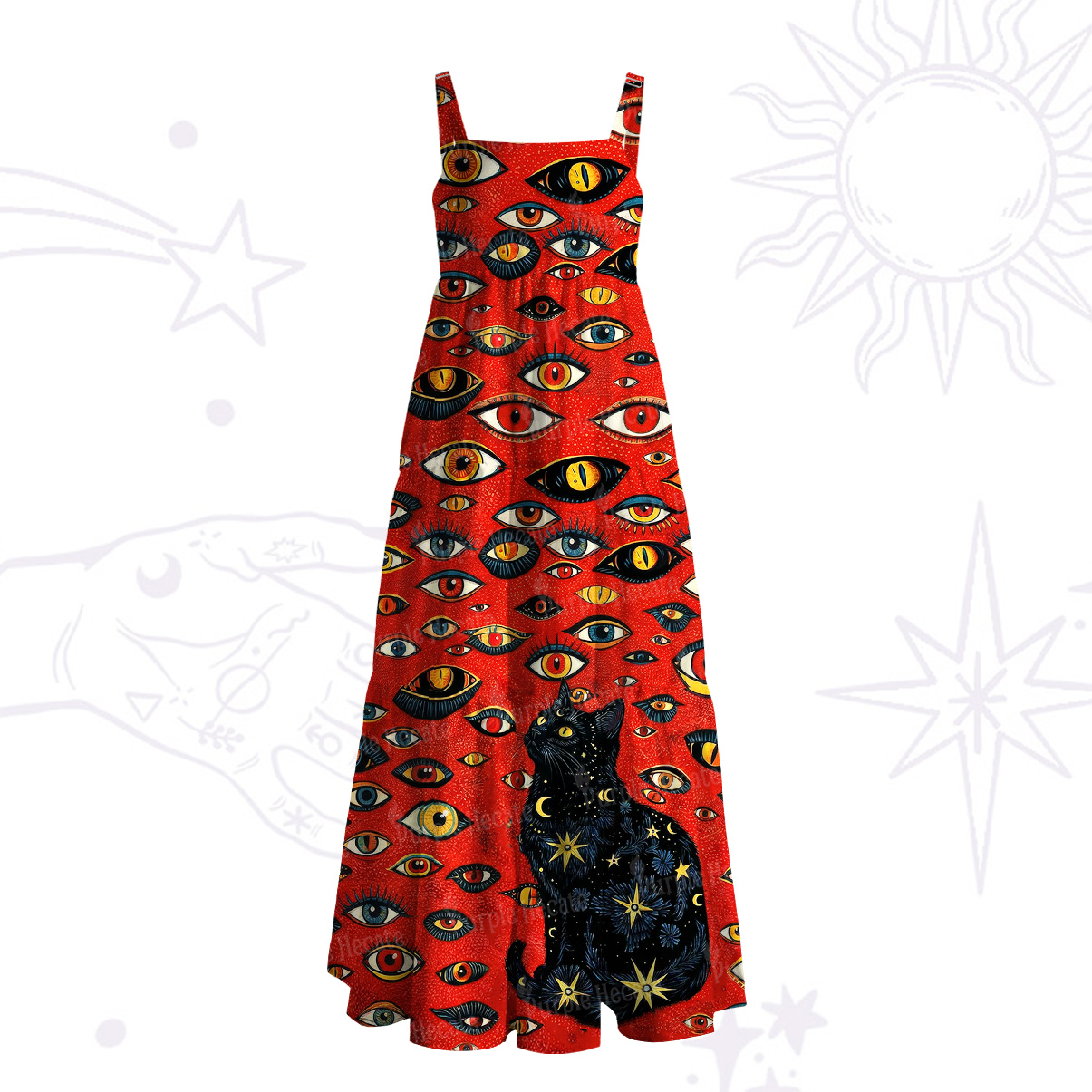 Purplehecate Cosmic Watcher Cat Wide Straps Maxi Dress