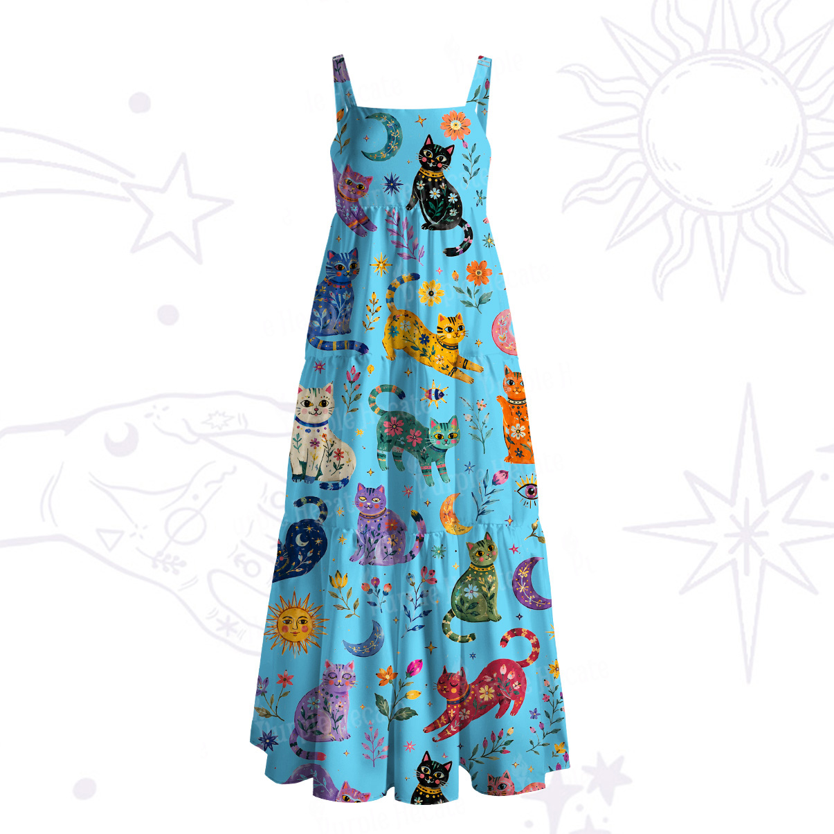 Purplehecate Rainbow Magic Cats Wide Straps Maxi Dress