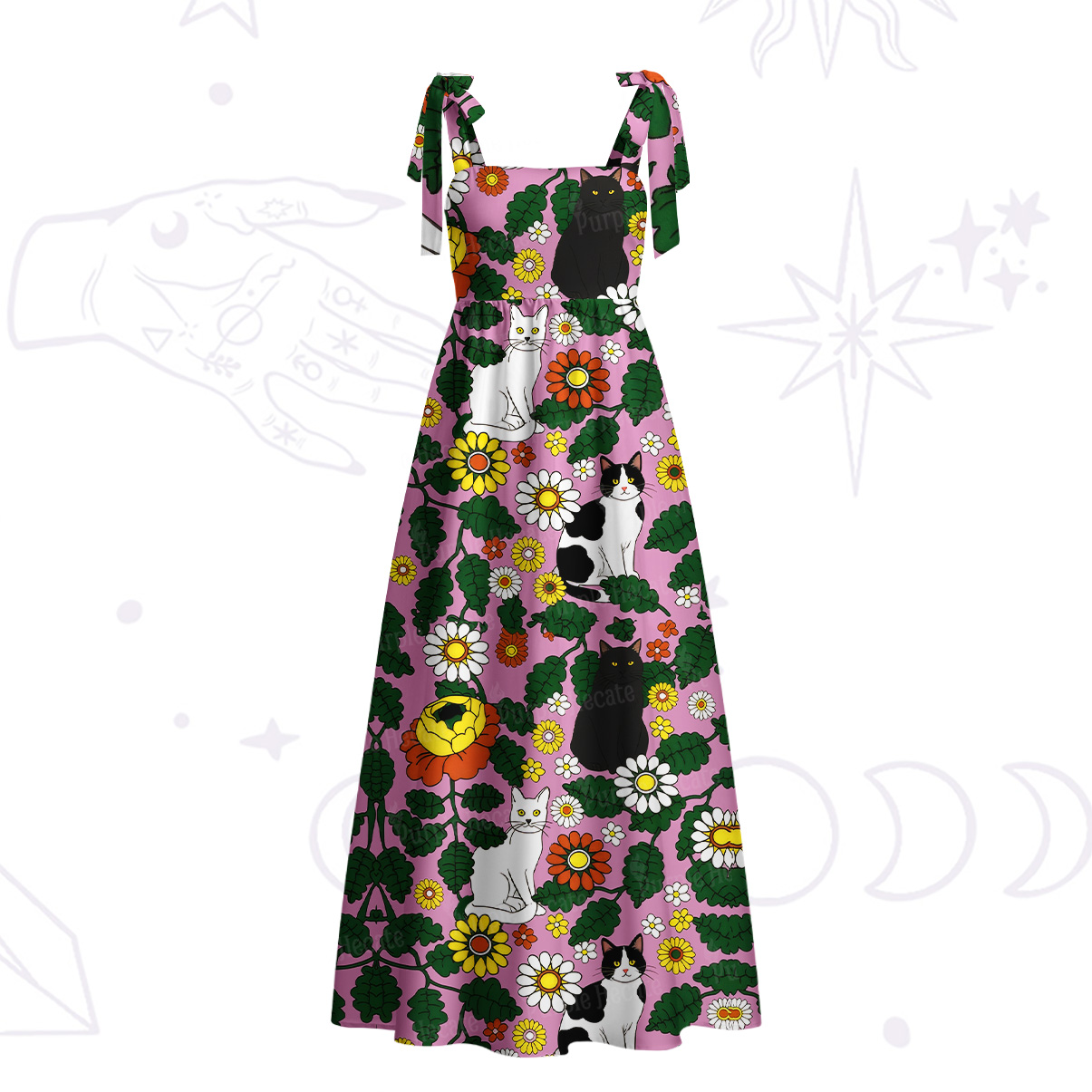 Purplehecate Daisy Cat  Garden Tie Shoulder Maxi Dress