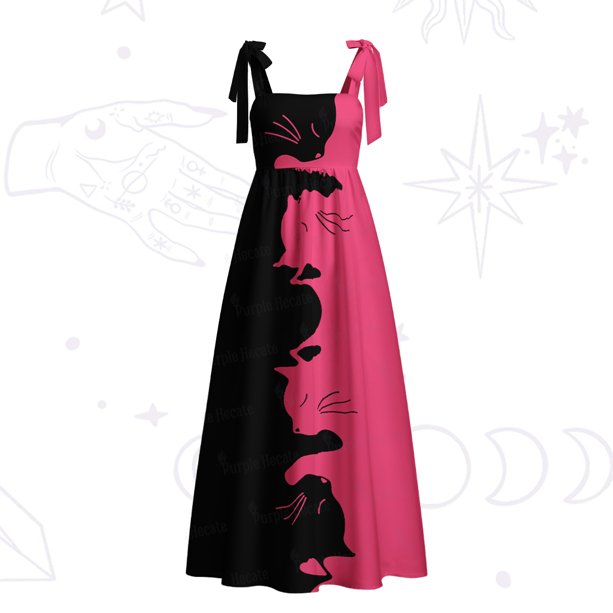 Purplehecate Yin Yang Cat Lover Tie Shoulder Maxi Dress