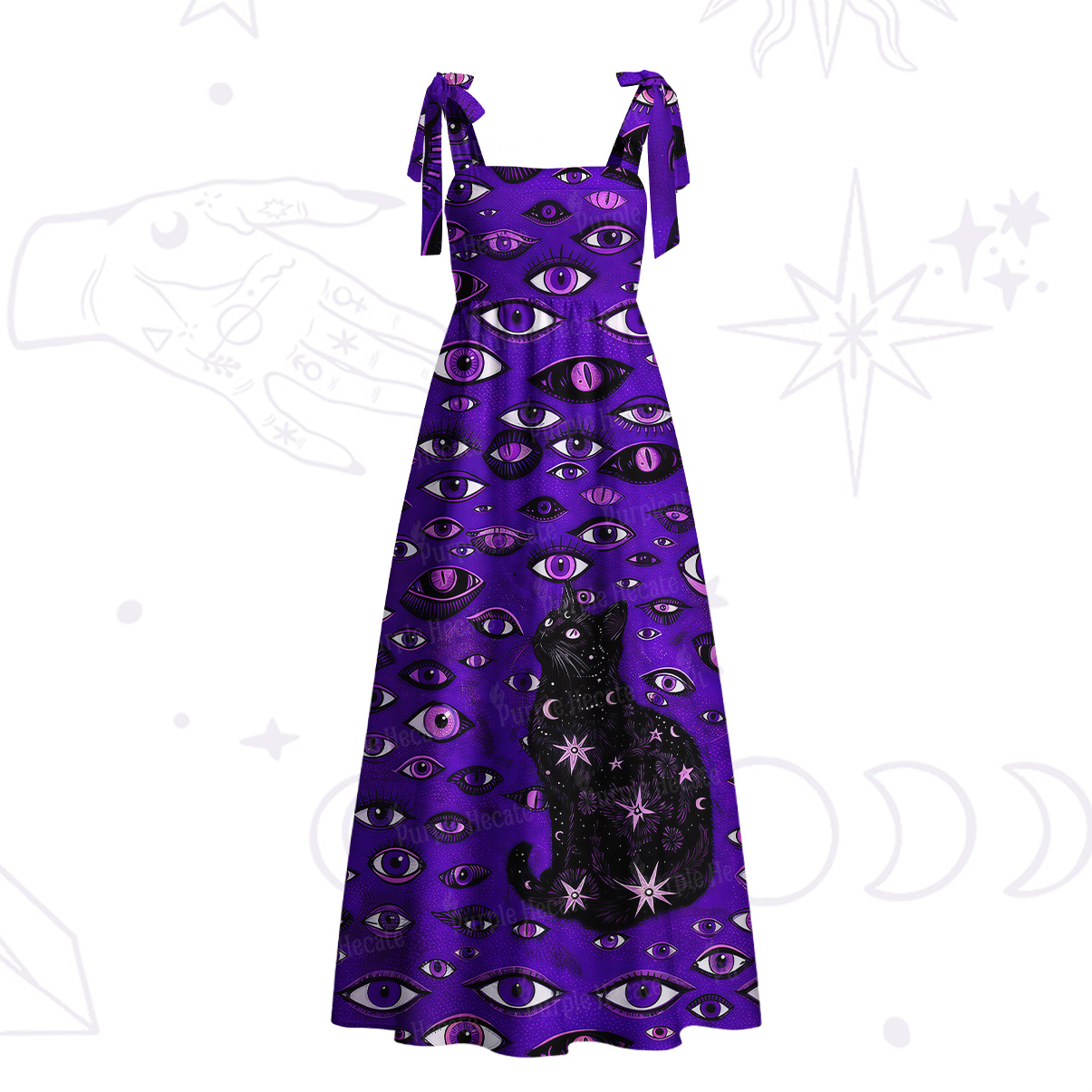 Purplehecate Cosmic Watcher Cat Tie Shoulder Maxi Dress