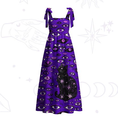 Purplehecate Cosmic Watcher Cat Tie Shoulder Maxi Dress