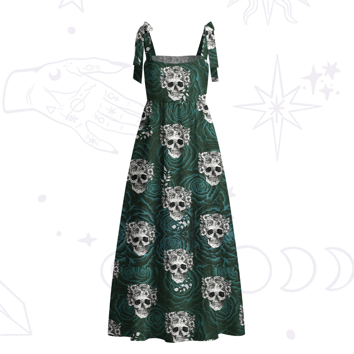 Purplehecate Rose Skull Tie Shoulder Maxi Dress