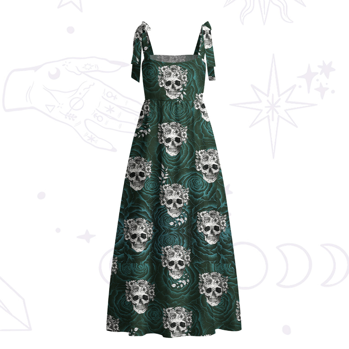 Purplehecate Rose Skull Tie Shoulder Maxi Dress