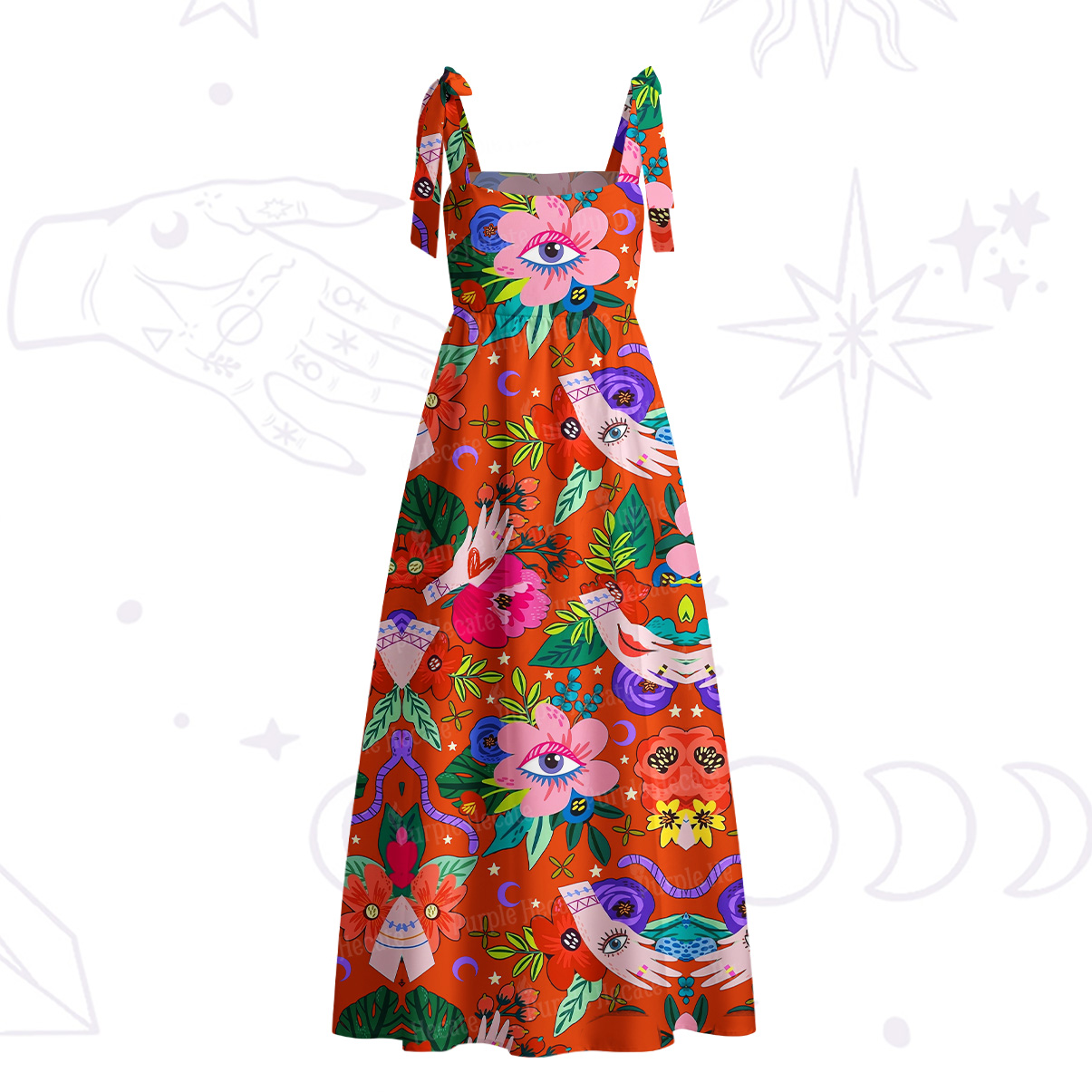 Purplehecate Eye of the Blossom Tie Shoulder Maxi Dress