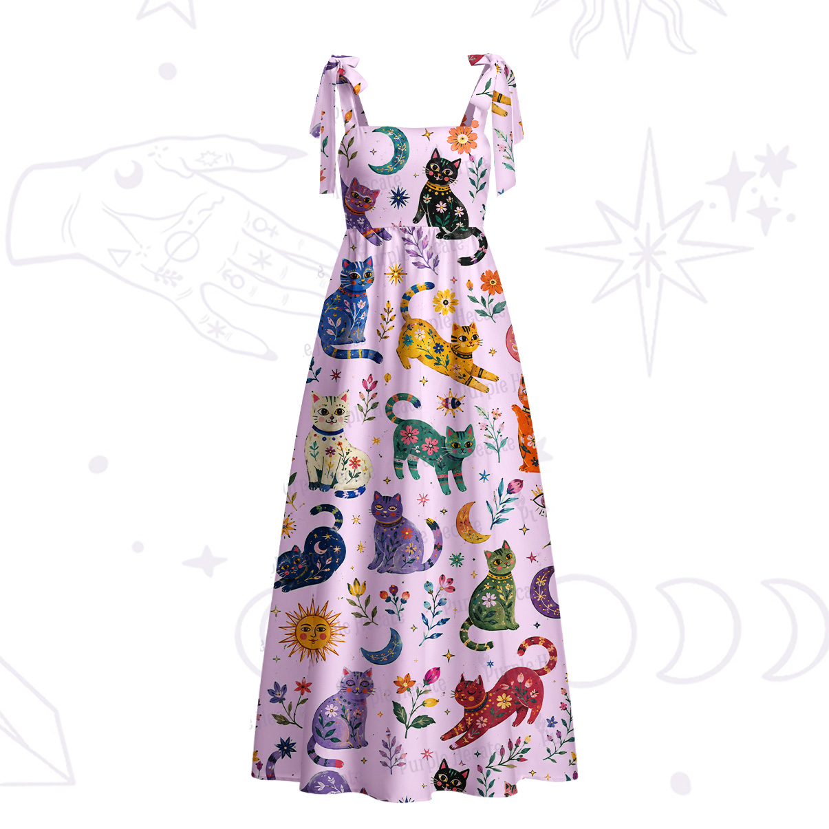 Purplehecate Rainbow Magic Cats Tie Shoulder Maxi Dress
