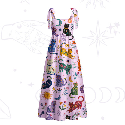 Purplehecate Rainbow Magic Cats Tie Shoulder Maxi Dress