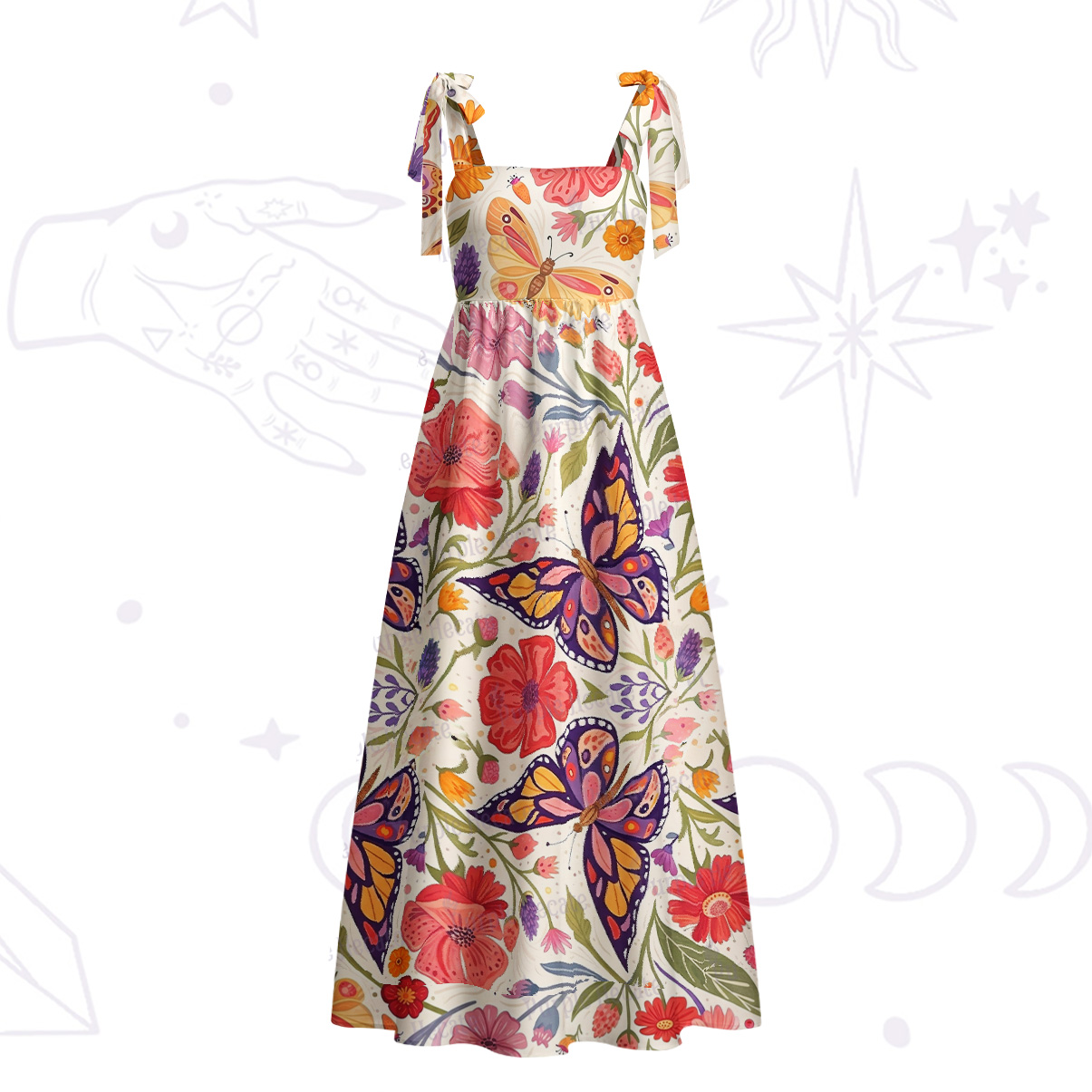 Purplehecate Enchanted Garden of Butterflies Tie Shoulder Maxi Dress