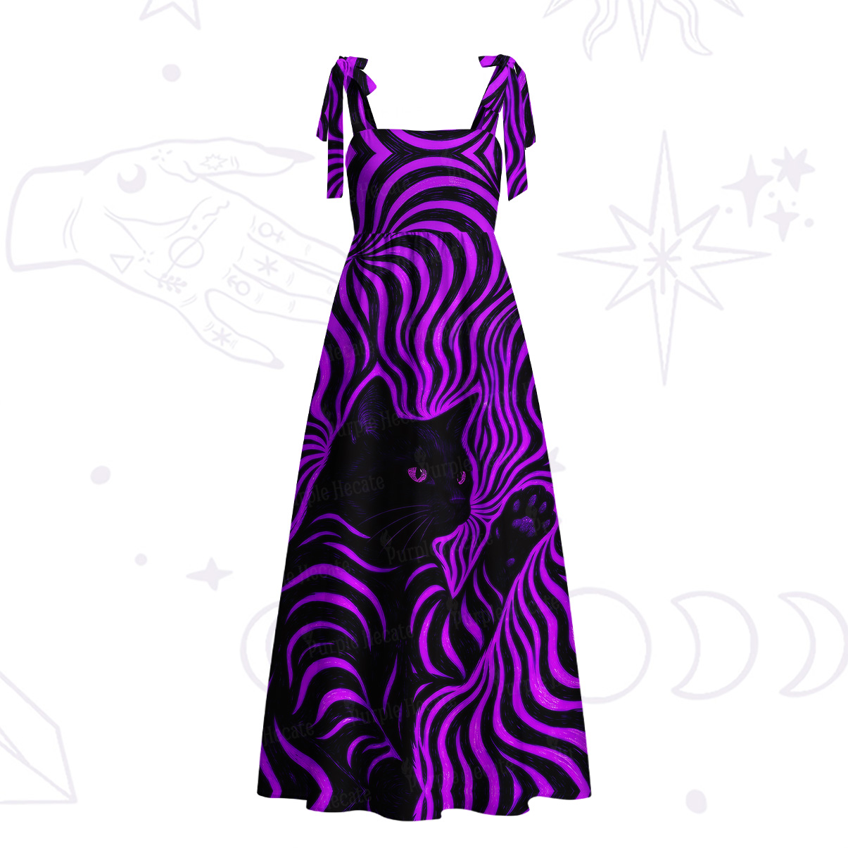 Purplehecate Psychedelic Cat Tie Shoulder Maxi Dress
