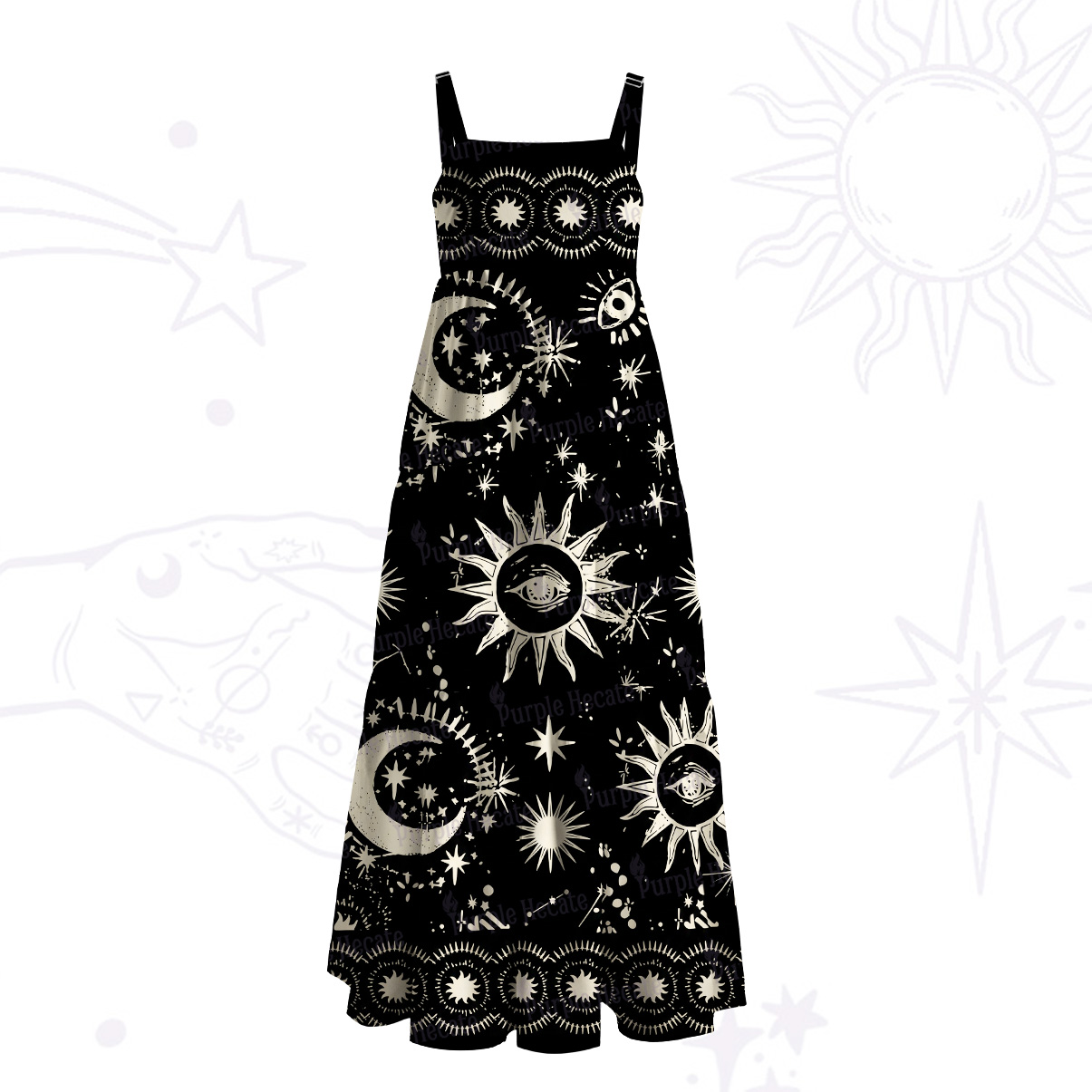Purplehecate Cosmic Sun Moon Dream Wide Straps Maxi Dress