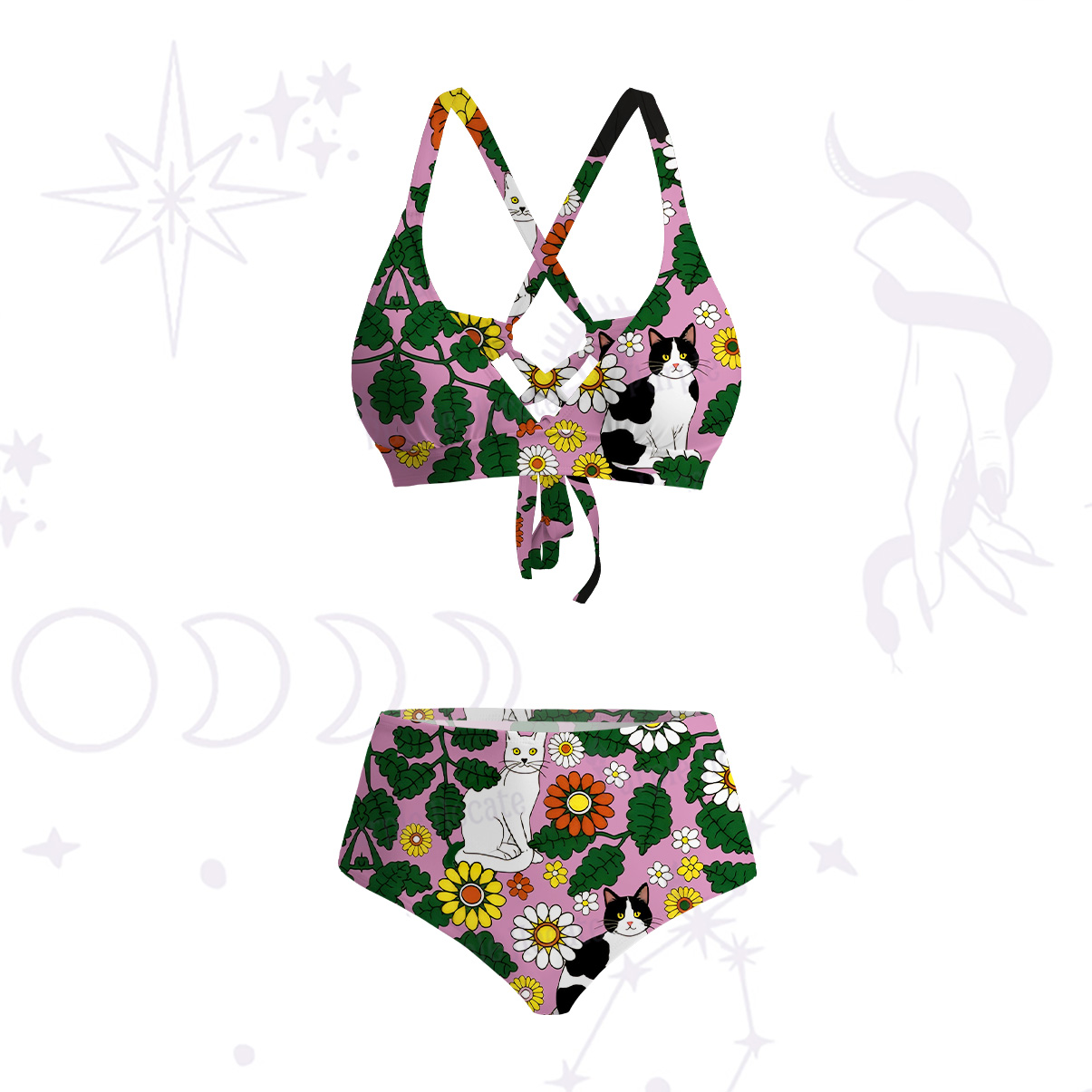 Purplehecate Daisy Cat  Garden Crisscross Tie-Back Bikini Set