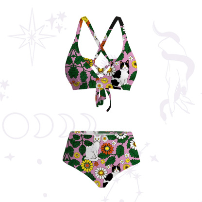 Purplehecate Daisy Cat  Garden Crisscross Tie-Back Bikini Set