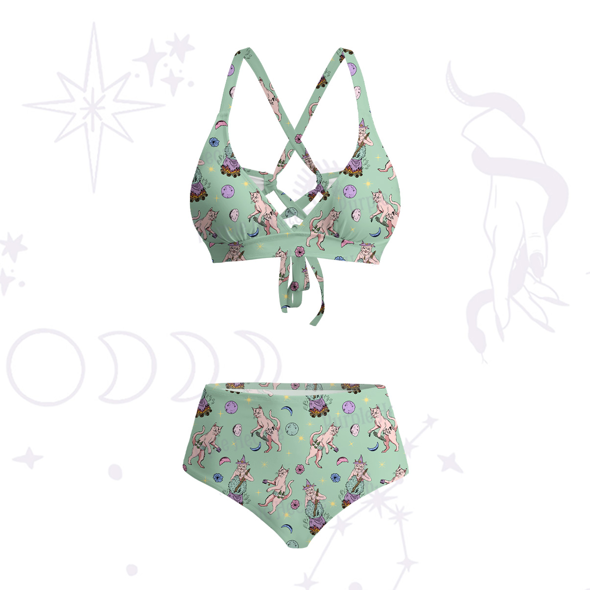 Purplehecate Cat Coven Crisscross Tie-Back Bikini Set