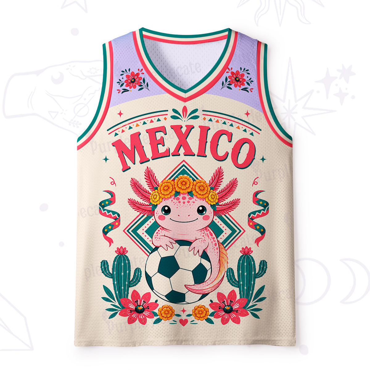 Purplehecate Floral Axolotl Mexico Football Mesh Jersey Tank Top