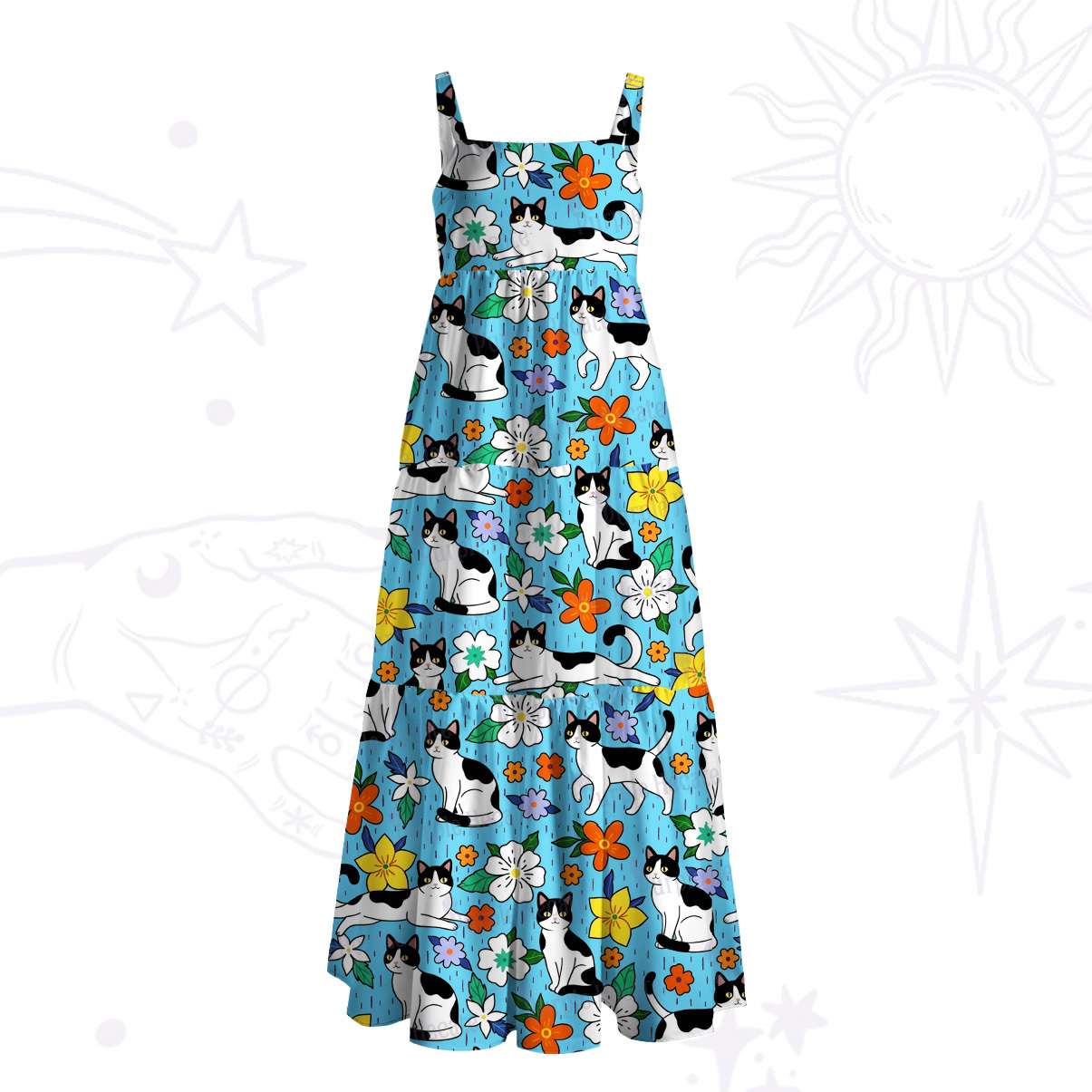 Purplehecate Enchanted Spring Whispering Cat Wide Straps Maxi Dress