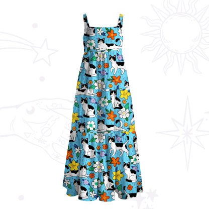 Purplehecate Enchanted Spring Whispering Cat Wide Straps Maxi Dress