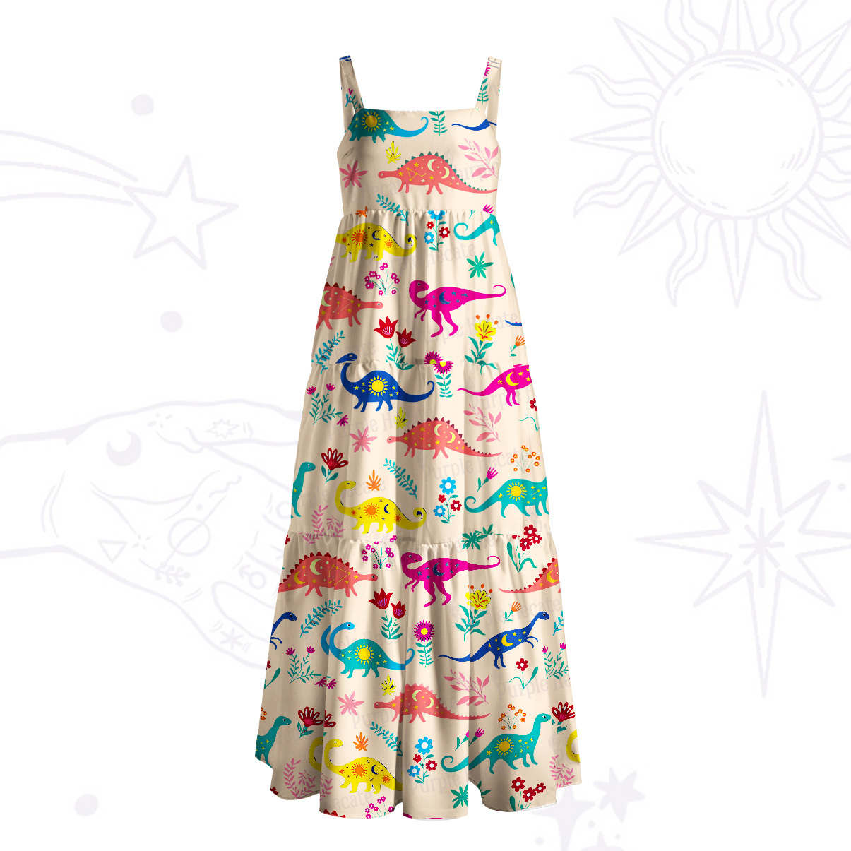 Purplehecate Colorful Dino Playground Wide Straps Maxi Dress