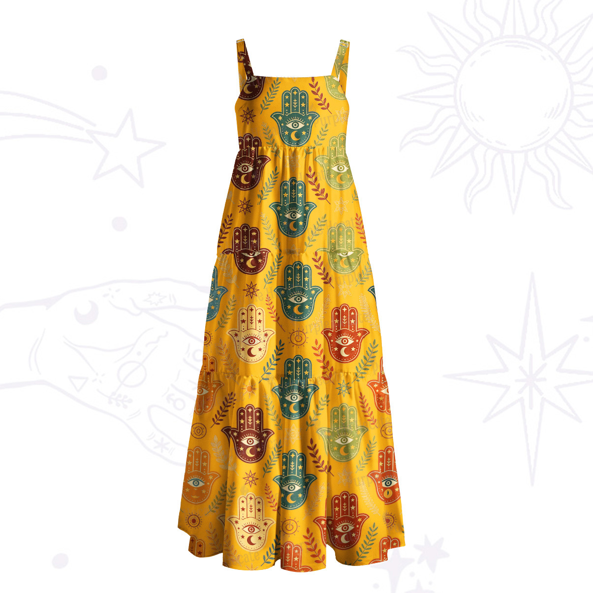 Purplehecate Boho Hamsa Hand Print Wide Straps Maxi Dress