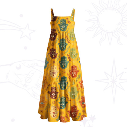 Purplehecate Boho Hamsa Hand Print Wide Straps Maxi Dress