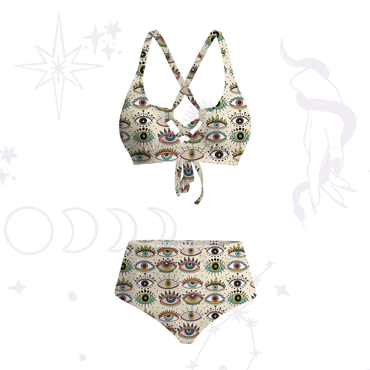 Purplehecate Evil Eye Pattern Crisscross Tie-Back Bikini Set
