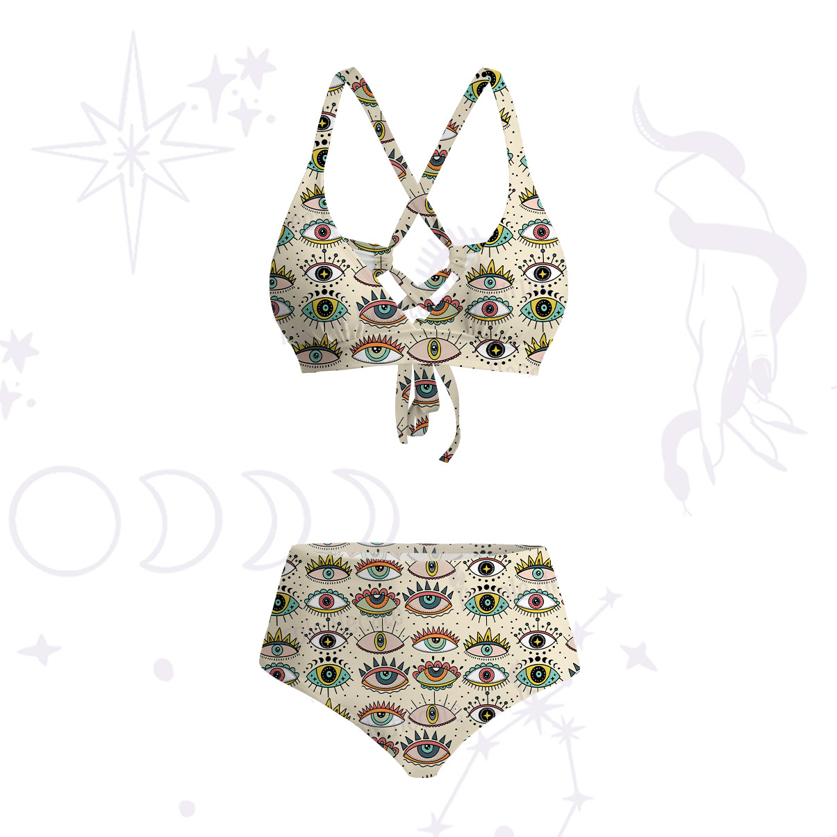 Purplehecate Evil Eye Pattern Crisscross Tie-Back Bikini Set