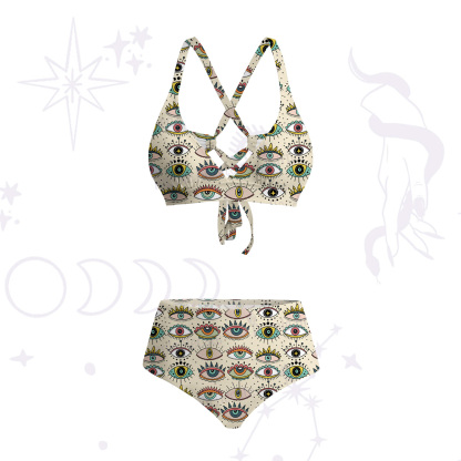 Purplehecate Evil Eye Pattern Crisscross Tie-Back Bikini Set