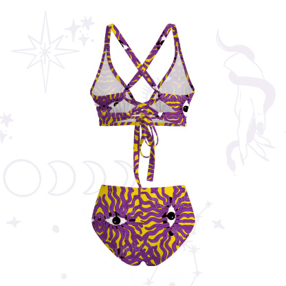 Purplehecate Psychedelic Wave Eyes Crisscross Tie-Back Bikini Set