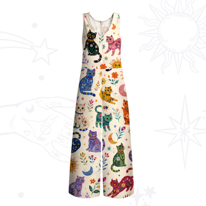 Purplehecate Rainbow Magic Cats Wide Leg Jumpsuit