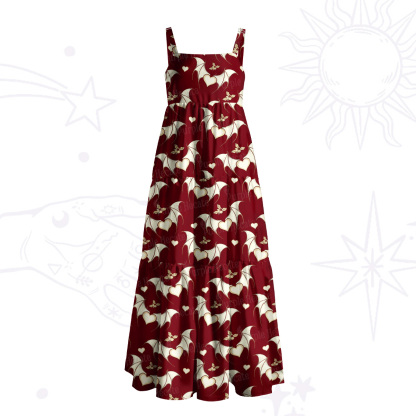 Purplehecate Dark Romance Bat & Heart Wide Straps Maxi Dress