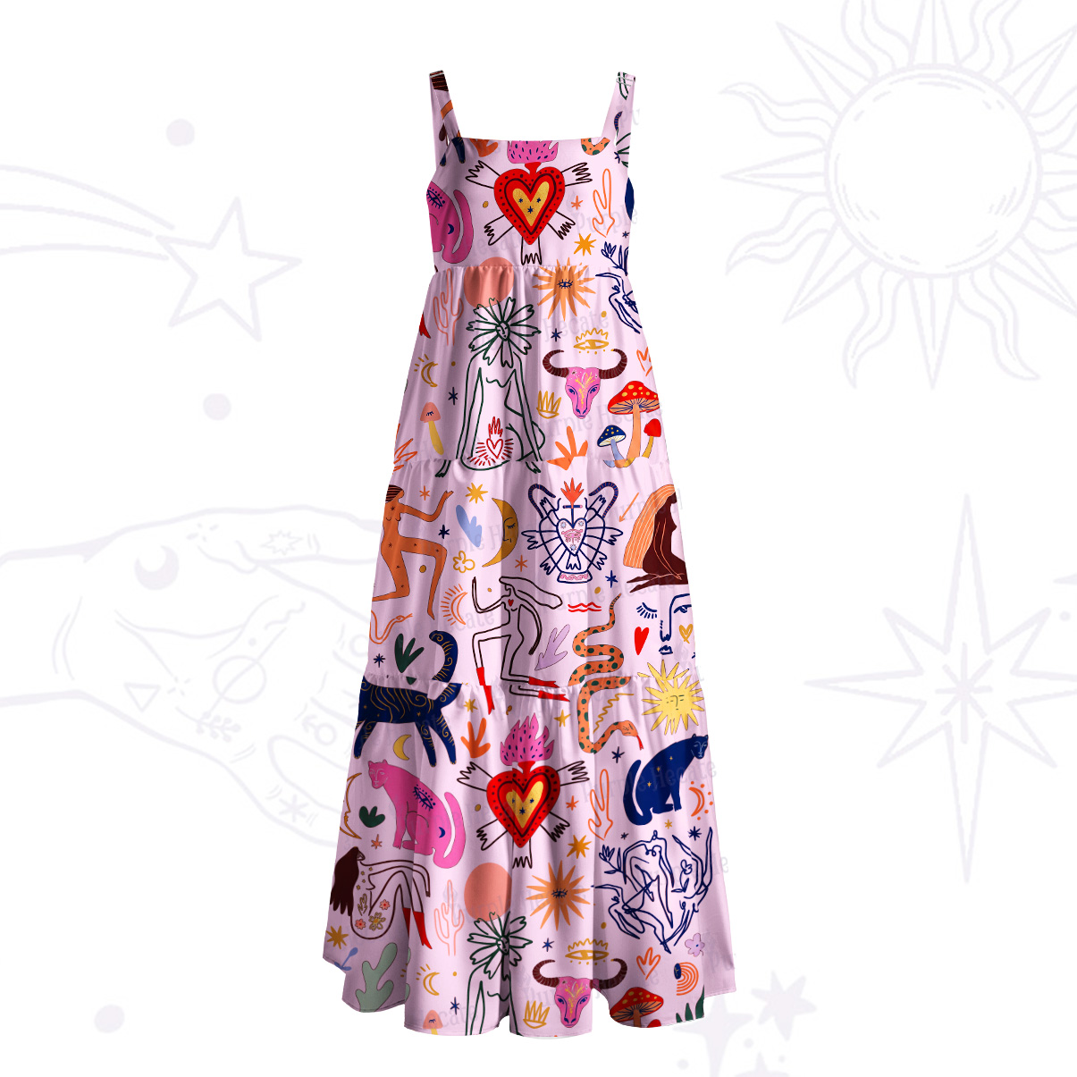Purplehecate Whimsical Doodle Wide Straps Maxi Dress