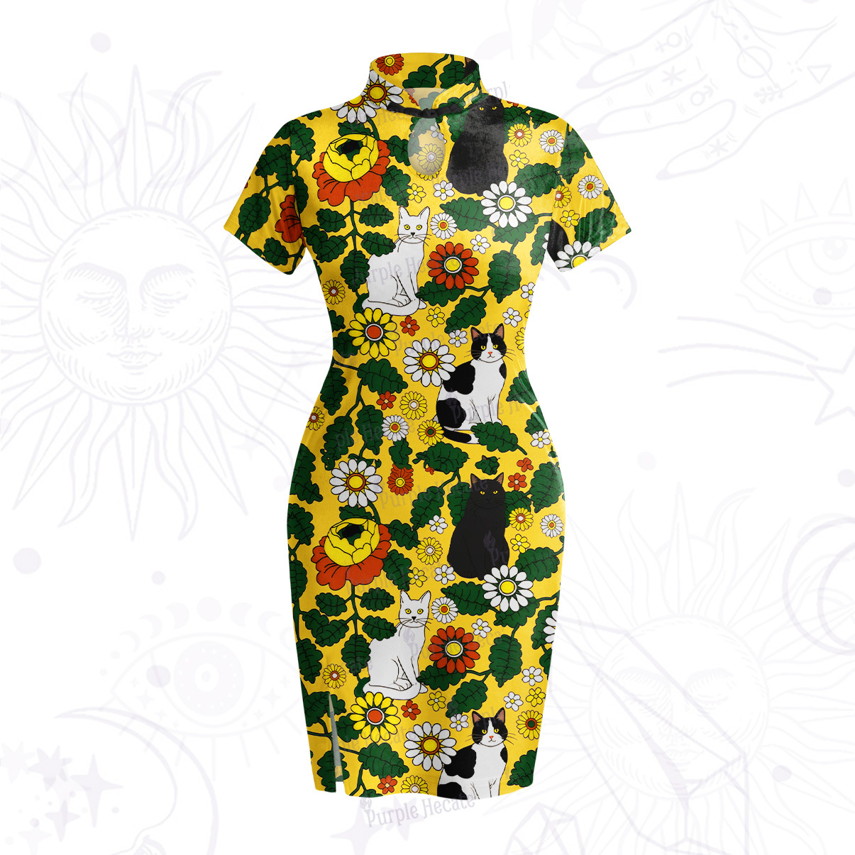 Purplehecate Daisy Cat  Garden Velvet Bodycon Dress