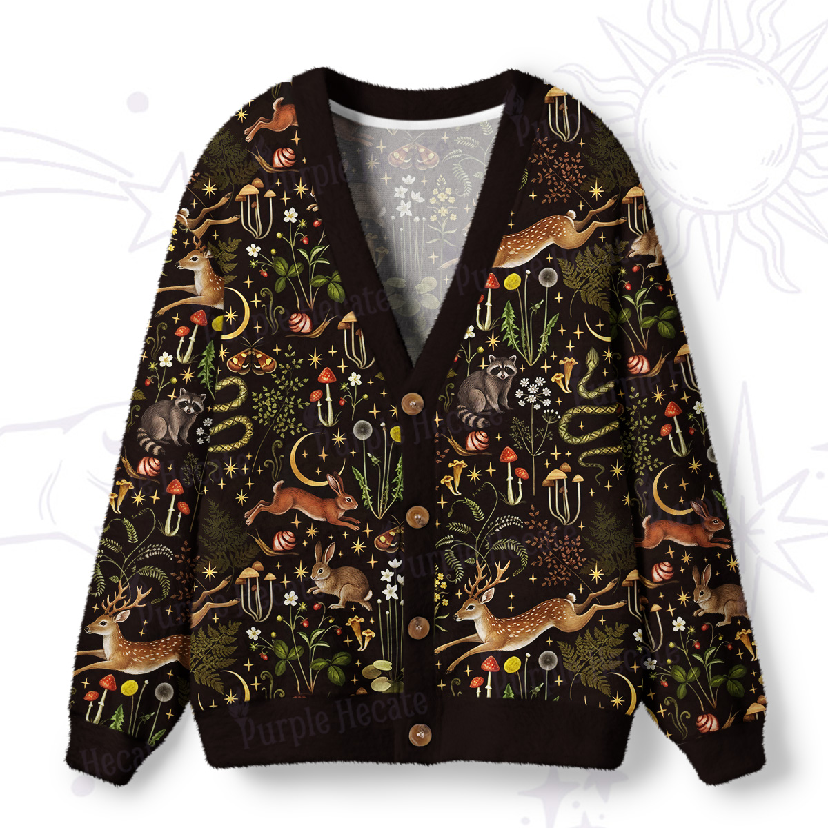 Purplehecate Enchanted Forest Animals Ugly Cardigan Sweaters