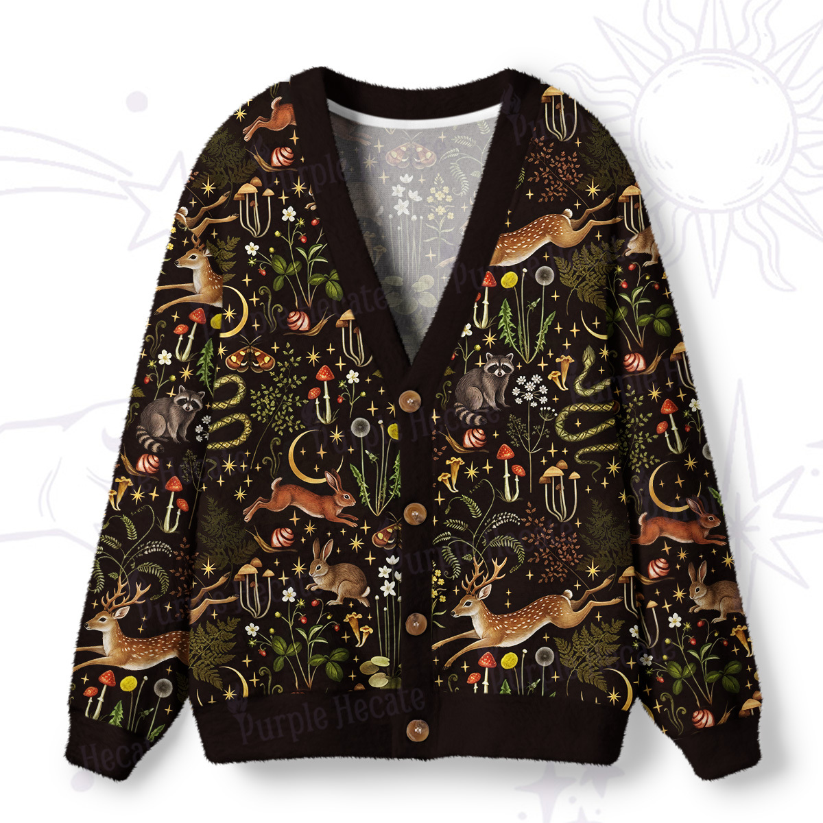 Purplehecate Enchanted Forest Animals Ugly Cardigan Sweaters