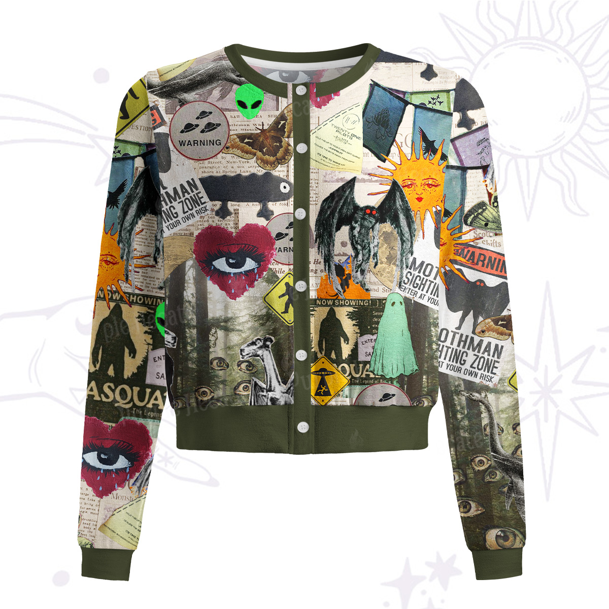 Purplehecate Cryptid Warning Collage Knit Cardigan
