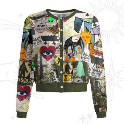 Purplehecate Cryptid Warning Collage Knit Cardigan