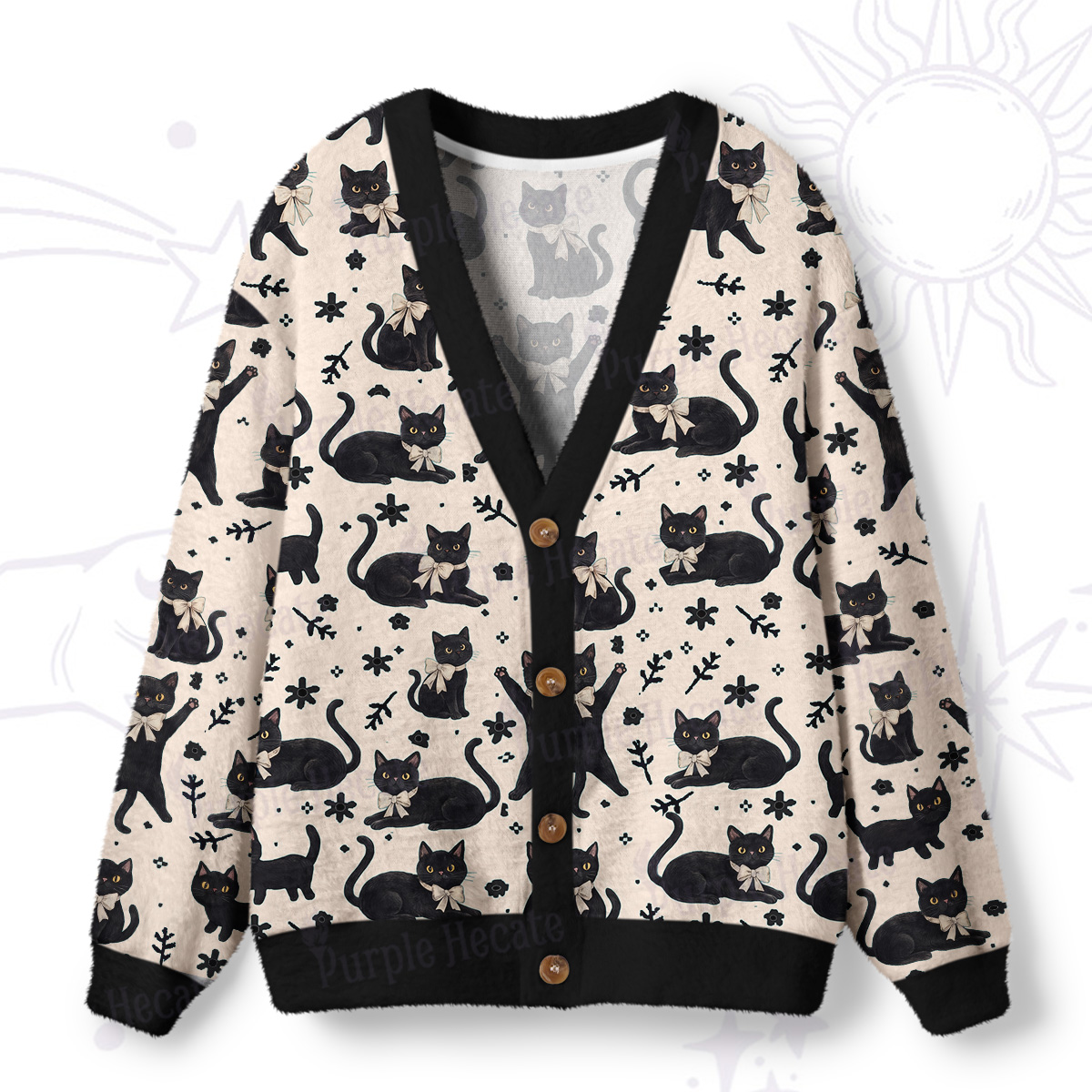 Purplehecate Lucky Black Cats Meadow Ugly Cardigan Sweaters