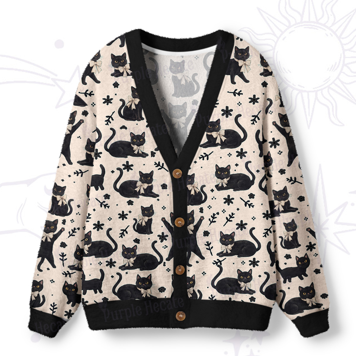 Purplehecate Lucky Black Cats Meadow Ugly Cardigan Sweaters