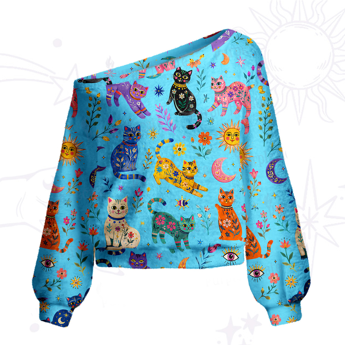Purplehecate Rainbow Magic Cats One Shoulder Sweaters